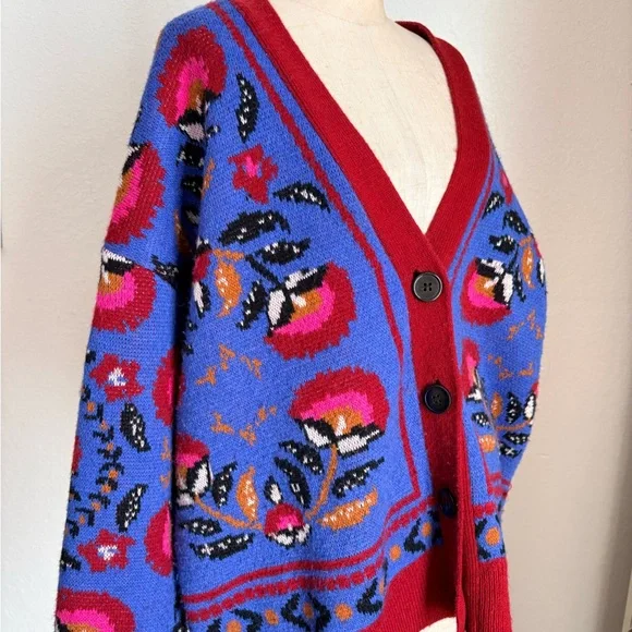 Farm Rio Knit Wool Blend Cardigan Palms Paradise Teal Floral Print Sweater S